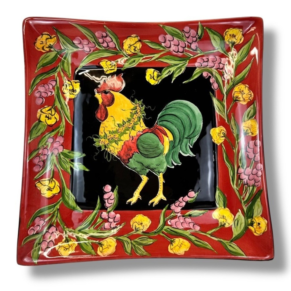 Vtg Elizabeth Cole Blue Sky Rooster Decorative Plate Colorful Floral